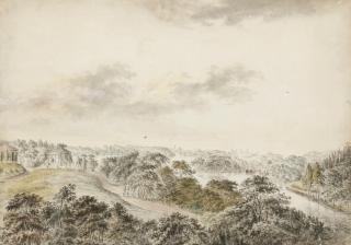 Carl Petter Hilleström - Utsikt över Brunnsviken i Hagaparken i höjd med Gustaf III:s paviljong med Ekotemplet och Amor och Psykestemplet