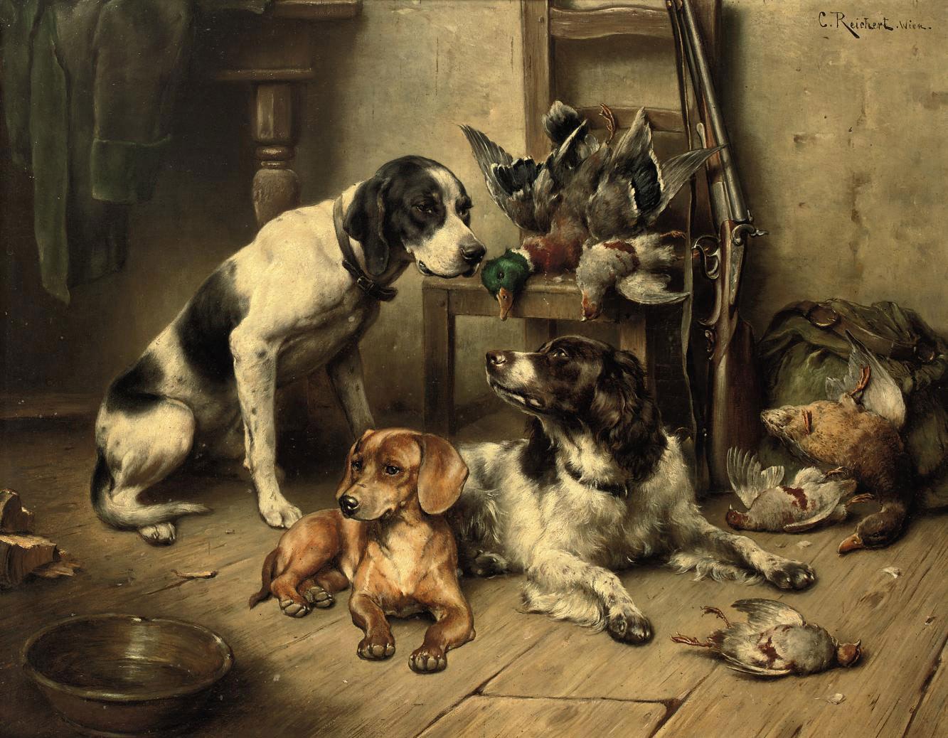 Carl Reichert - An English Pointer, a Dachshund and an English Springer Spaniel after the hunt