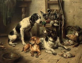 Carl Reichert - An English Pointer, a Dachshund and an English Springer Spaniel after the hunt