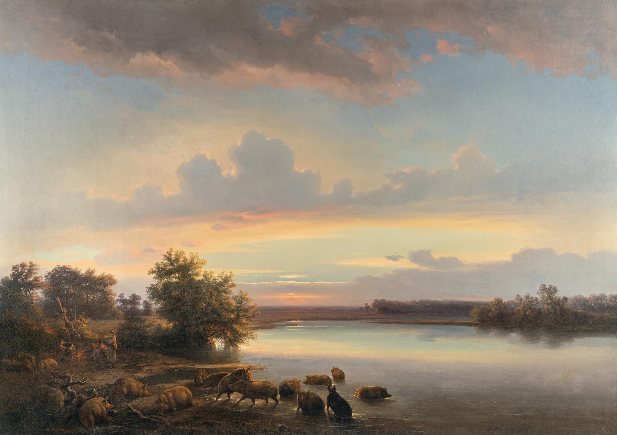 Carl Robert Kummer - Schweineherde in abendlicher Moorlandschaft