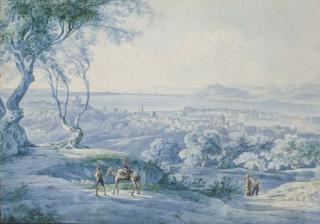 Carl Rottman - Figures on a road, a bay seen beyond