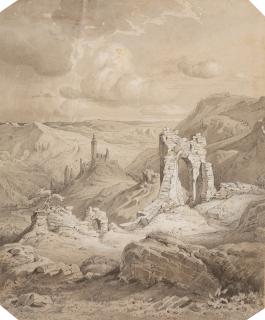 Carl Rottmann - Bergige Landschaft mit Burgruinen.