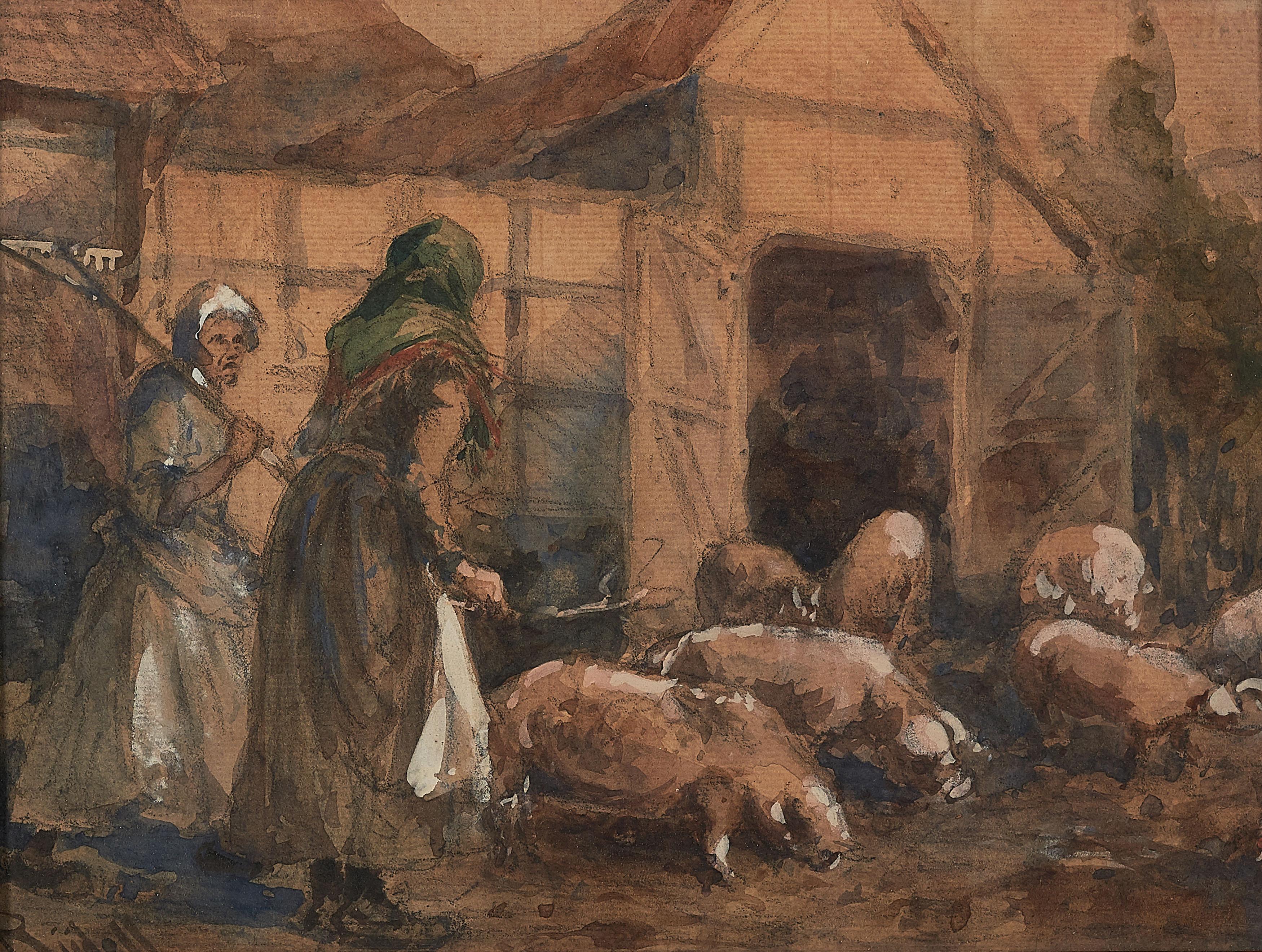 Carl Rüdell - Bäuerinnen bei den Schweinen.