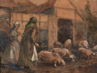 Carl Rüdell - Bäuerinnen bei den Schweinen.