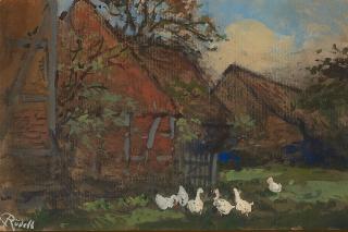 Carl Rüdell - Gänse vor einem Bauernhaus.