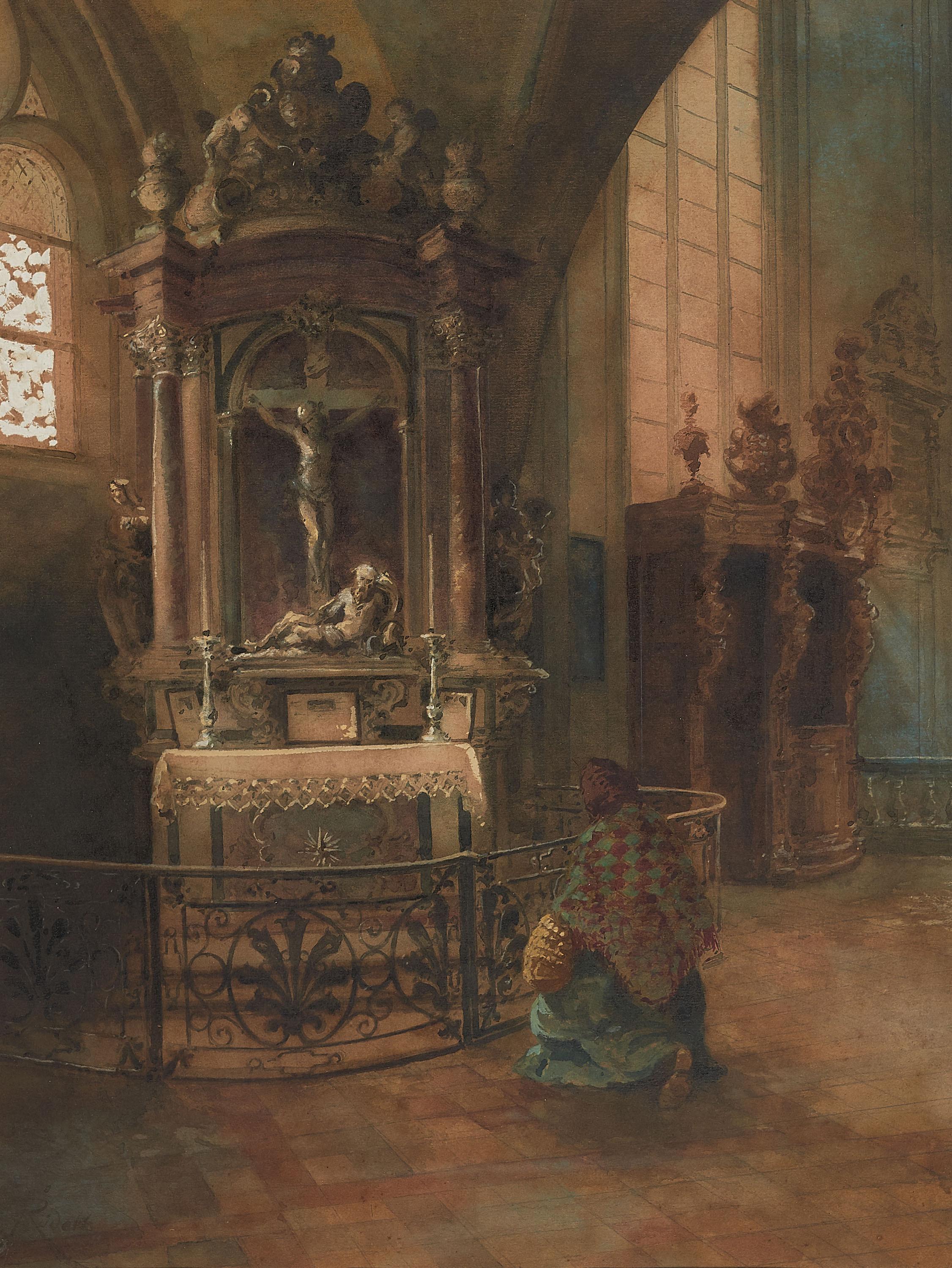 Carl Rüdell - Innenansicht der Agneskirche in Köln mit betender Frau.