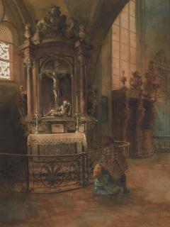 Carl Rüdell - Innenansicht der Agneskirche in Köln mit betender Frau.