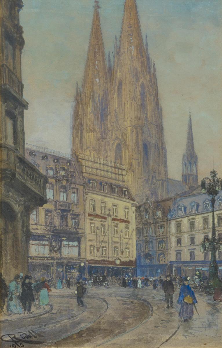Carl Rüdell - Köln. Abendlich beschienener Dom über den Häusern am Wallraffplatz.