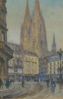 Carl Rüdell - Köln. Abendlich beschienener Dom über den Häusern am Wallraffplatz.