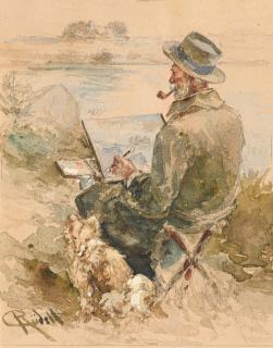 Carl Rüdell - Selbstporträt des Malers beim Aquarellieren in der Natur.