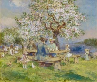 Carl Rüdell - Sonntagskaffee unter blühenden Kirschbäumen.
