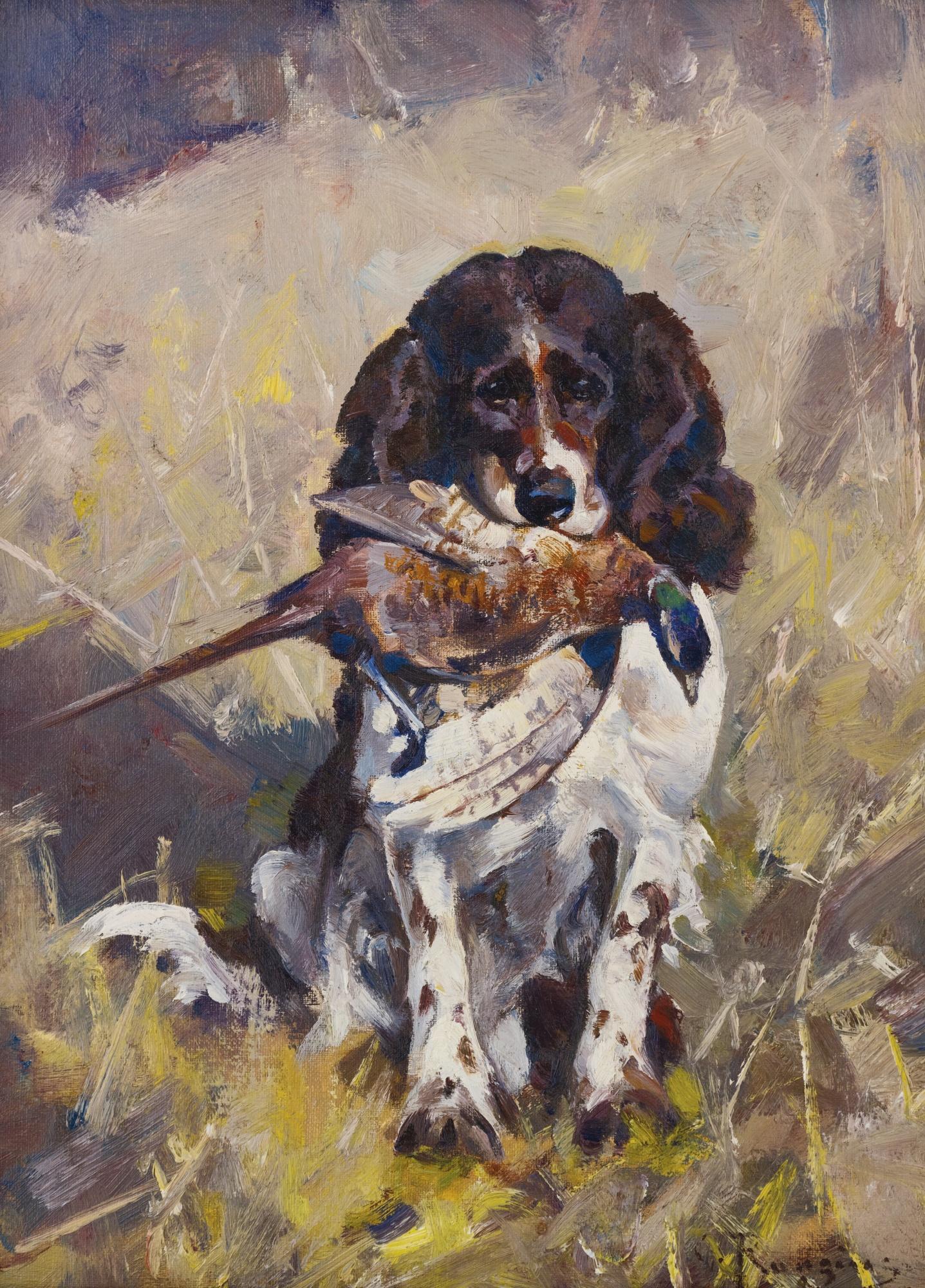 Carl Rungius - Spaniel Dickey With Pheasant