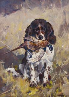 Carl Rungius - Spaniel Dickey With Pheasant