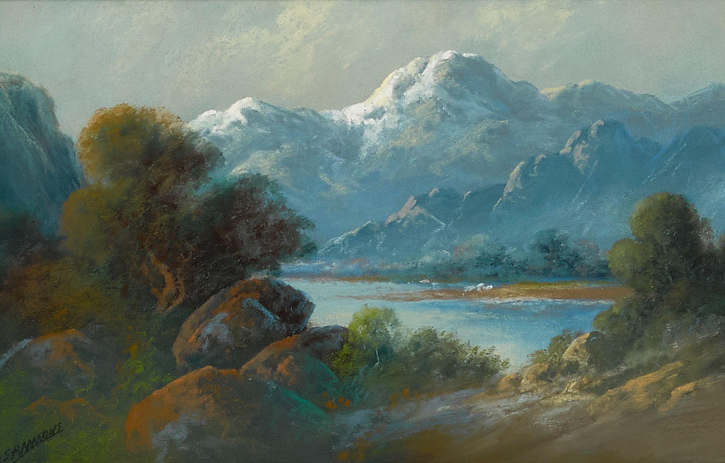 Carl Sammons - River through a Landscape with Wildflowers and Mountain Landscape (a group of two)
