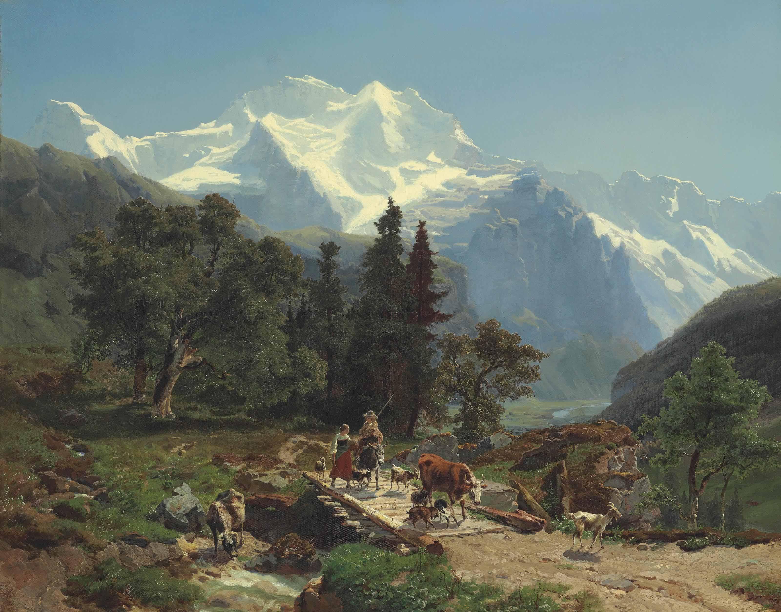 Carl Schweich - Drovers on a Bridge in an Alpine Landscape
