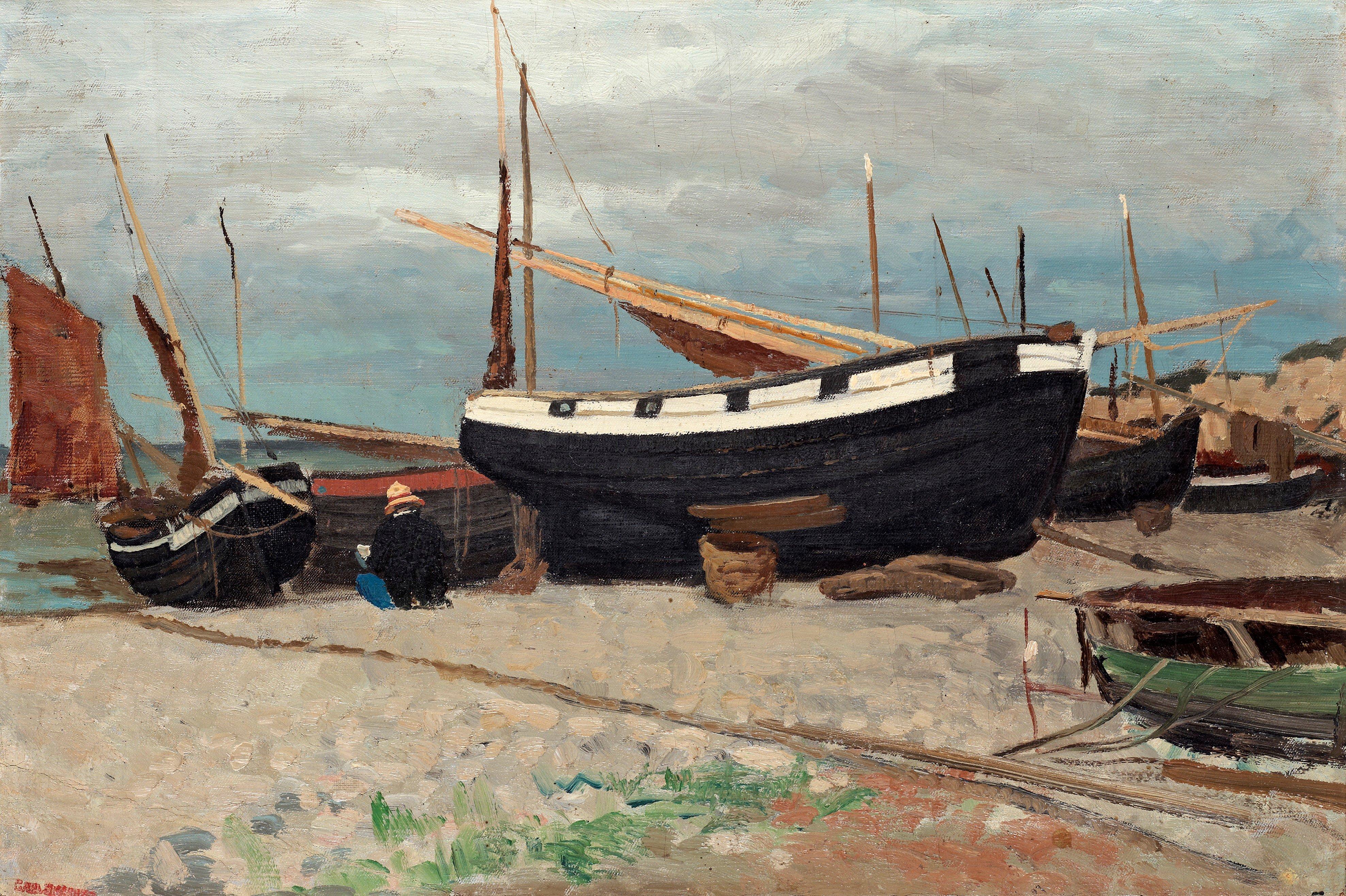 Carl Skånberg - Boats on the shore, coastal scene from the north of France