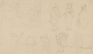 Carl Spitzweg - 2 Bll.: Ganzfiguriges Porträt einer jungen Dame mit Stola. Skizzenblatt mit 8 Figurenskizzen, darunter Gnome, sowie Gartenkomposition mit Tor, Haus, Hund und Bäumen