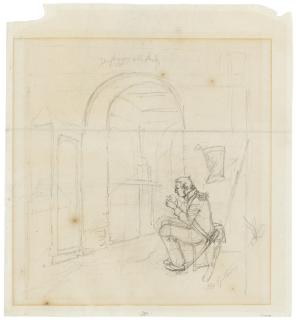 Carl Spitzweg - A seated soldier threading a needle (recto); Studies of a man and ships (verso)