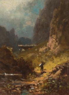 Carl Spitzweg - Auf dem Weg zur Alm winkt ein Bursche vorn der Sennerin in der