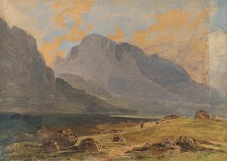 Carl Spitzweg - Bergsee (Hochtal mit See, rechts kleine Staffagefigur)