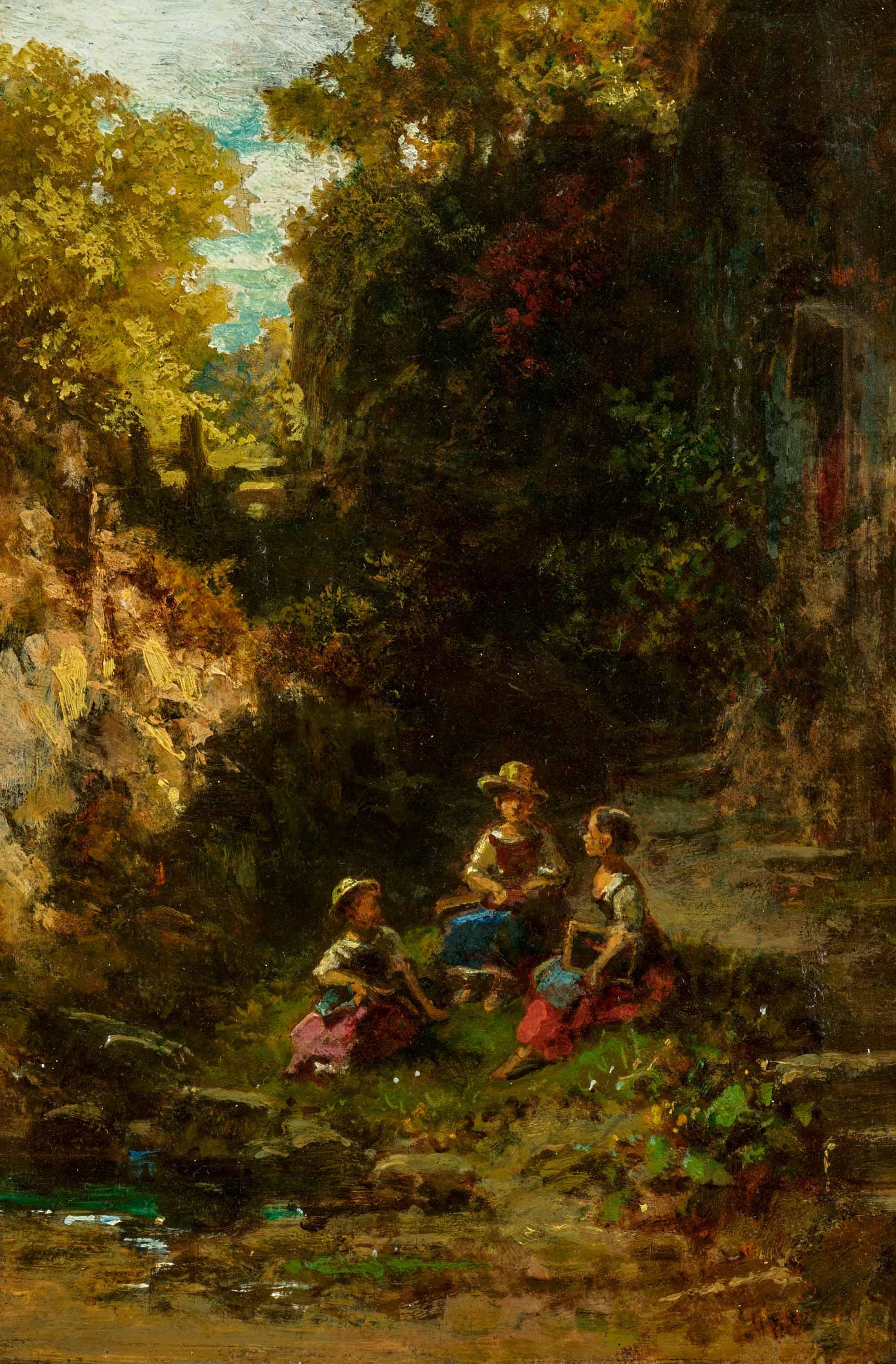 Carl Spitzweg - Drei Schulmädchen rastend.