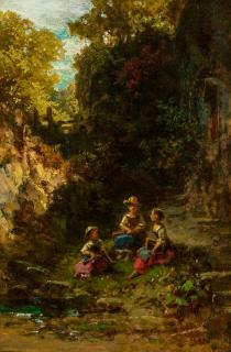 Carl Spitzweg - Drei Schulmädchen rastend.