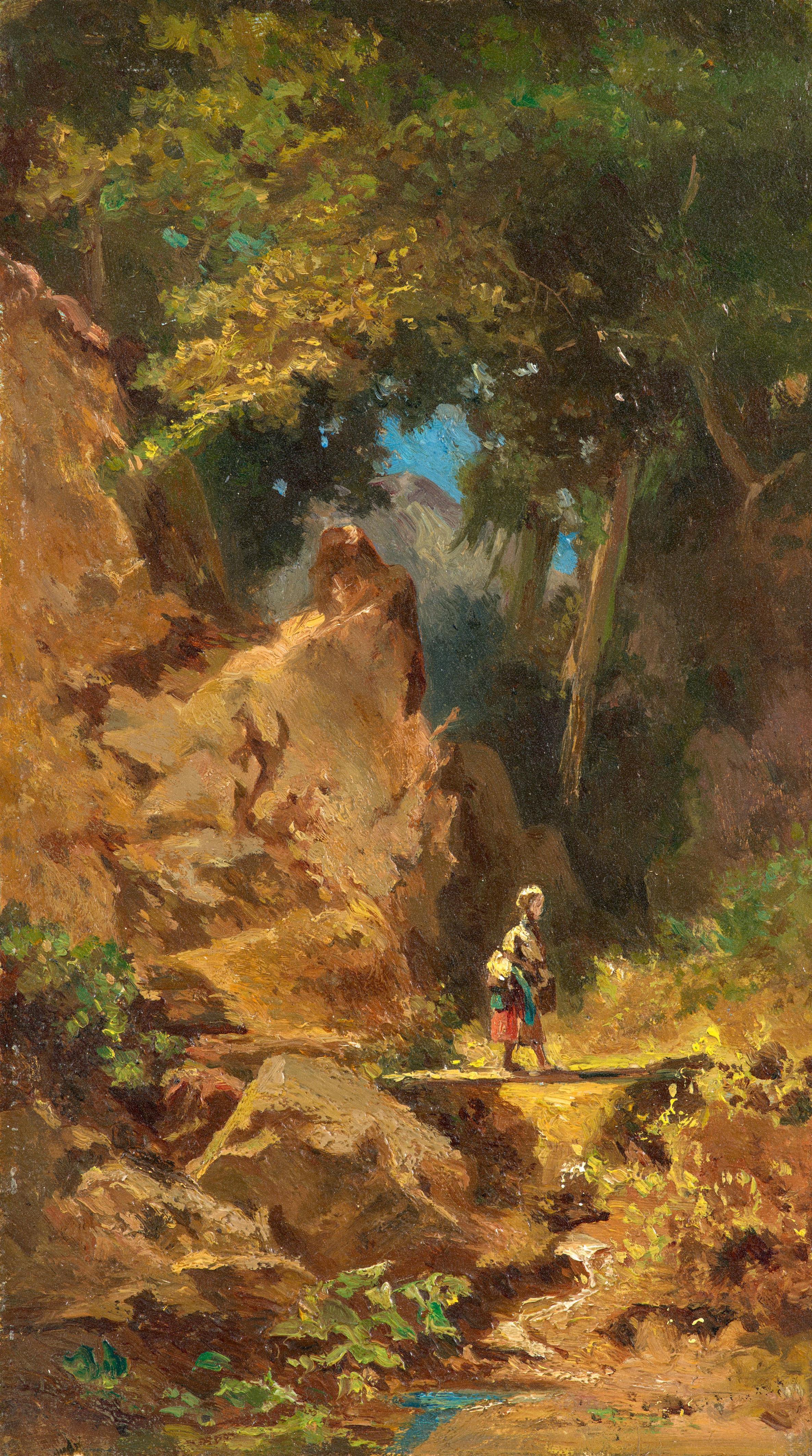 Carl Spitzweg - Landschaft mit Mädchen über einer Brücke