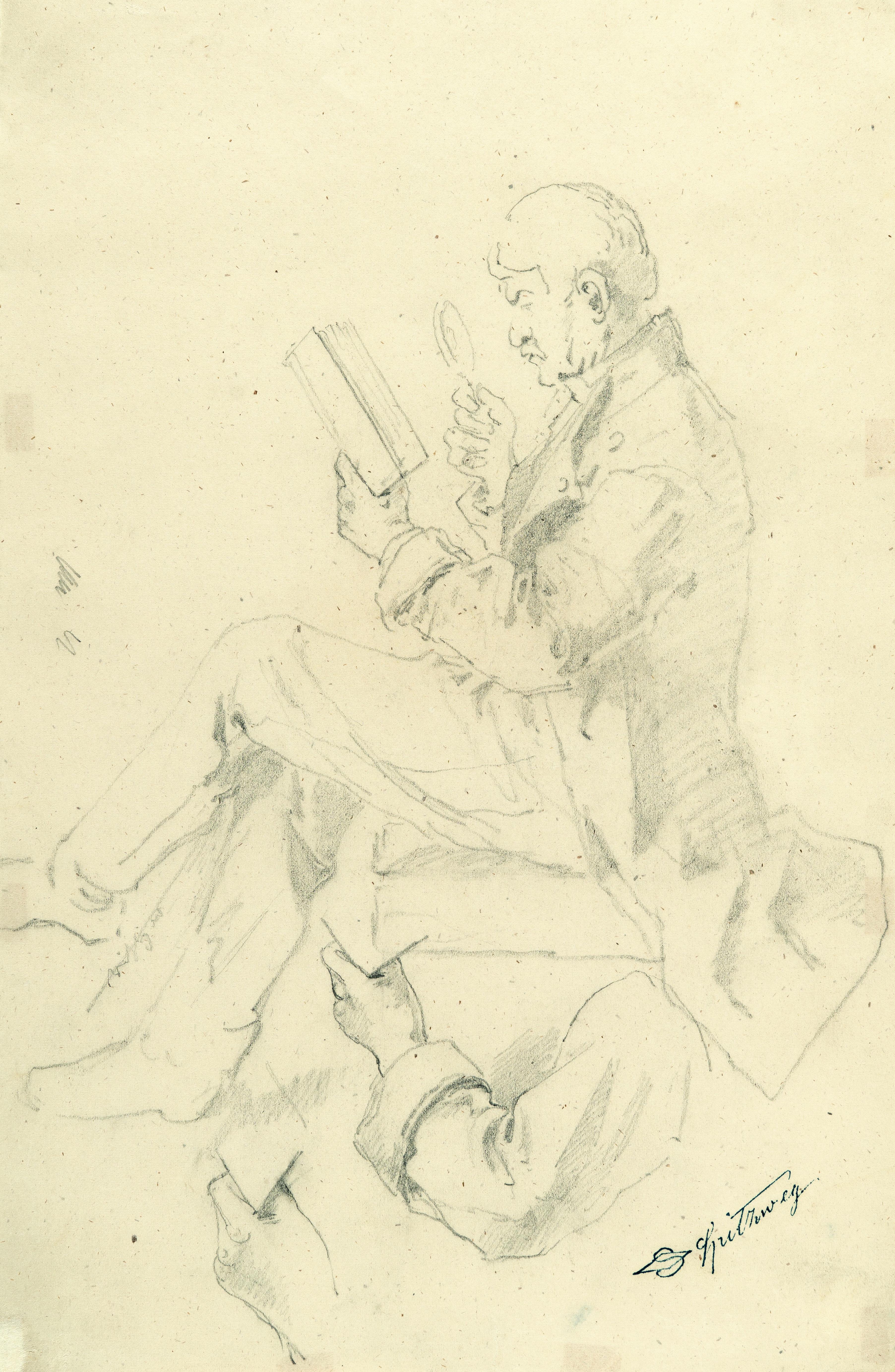 Carl Spitzweg - Mit der Lupe lesender Mann (sowie Arm- und Handstudie)