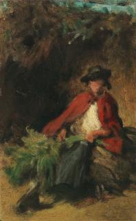 Carl Spitzweg - Sitzendes Mädchen mit rotem Umhang, einen Hasen vor sich