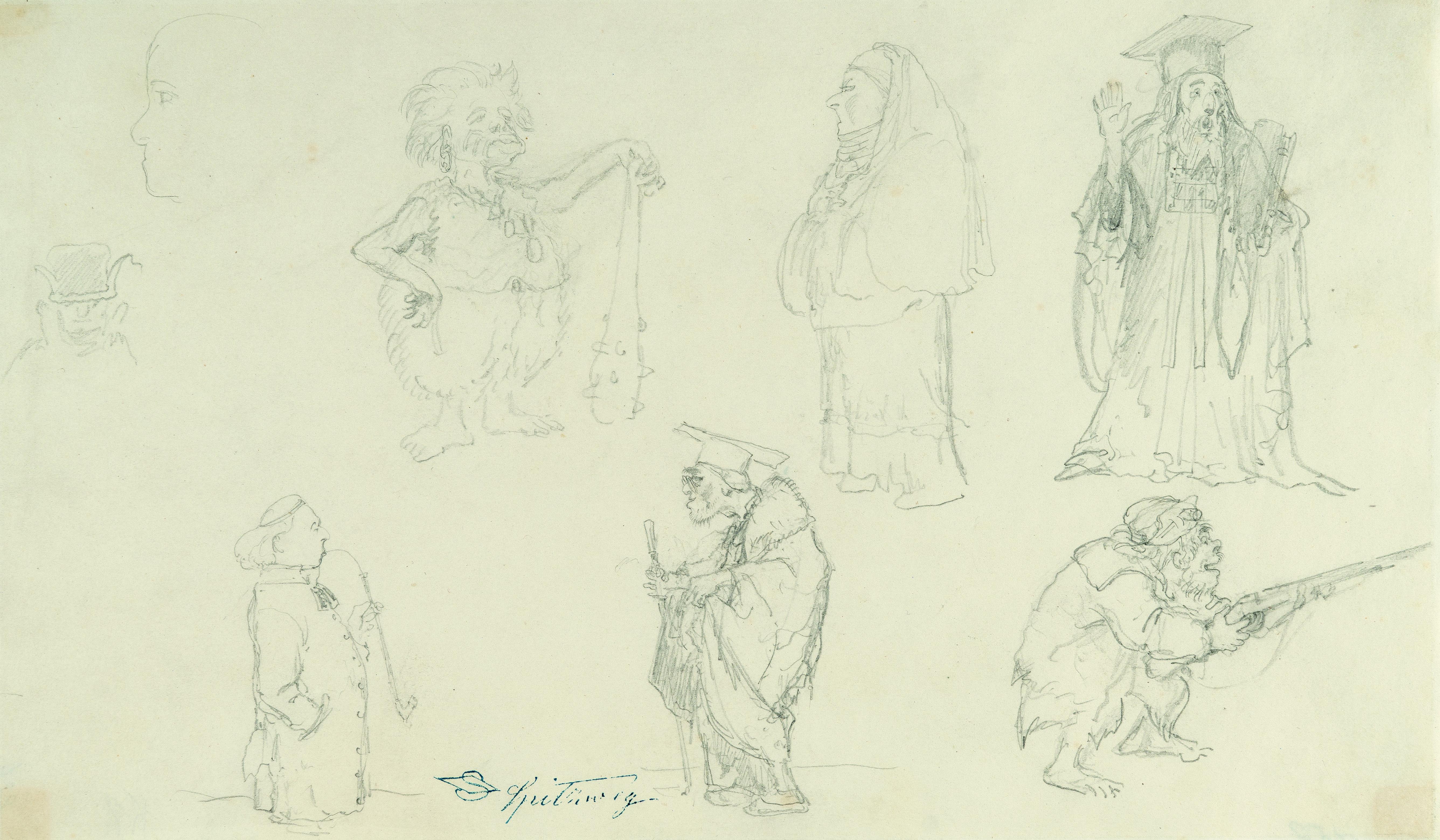 Carl Spitzweg - Studienblatt mit grotesken Figuren