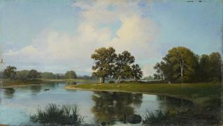 Carl Stefan Bennet - Parklandschaft mit Eichen am Ufer