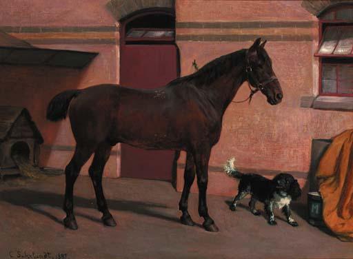 Carl Suhrlandt - A bay hunter with a spaniel in a stable yard