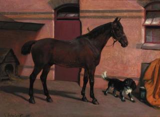 Carl Suhrlandt - A bay hunter with a spaniel in a stable yard