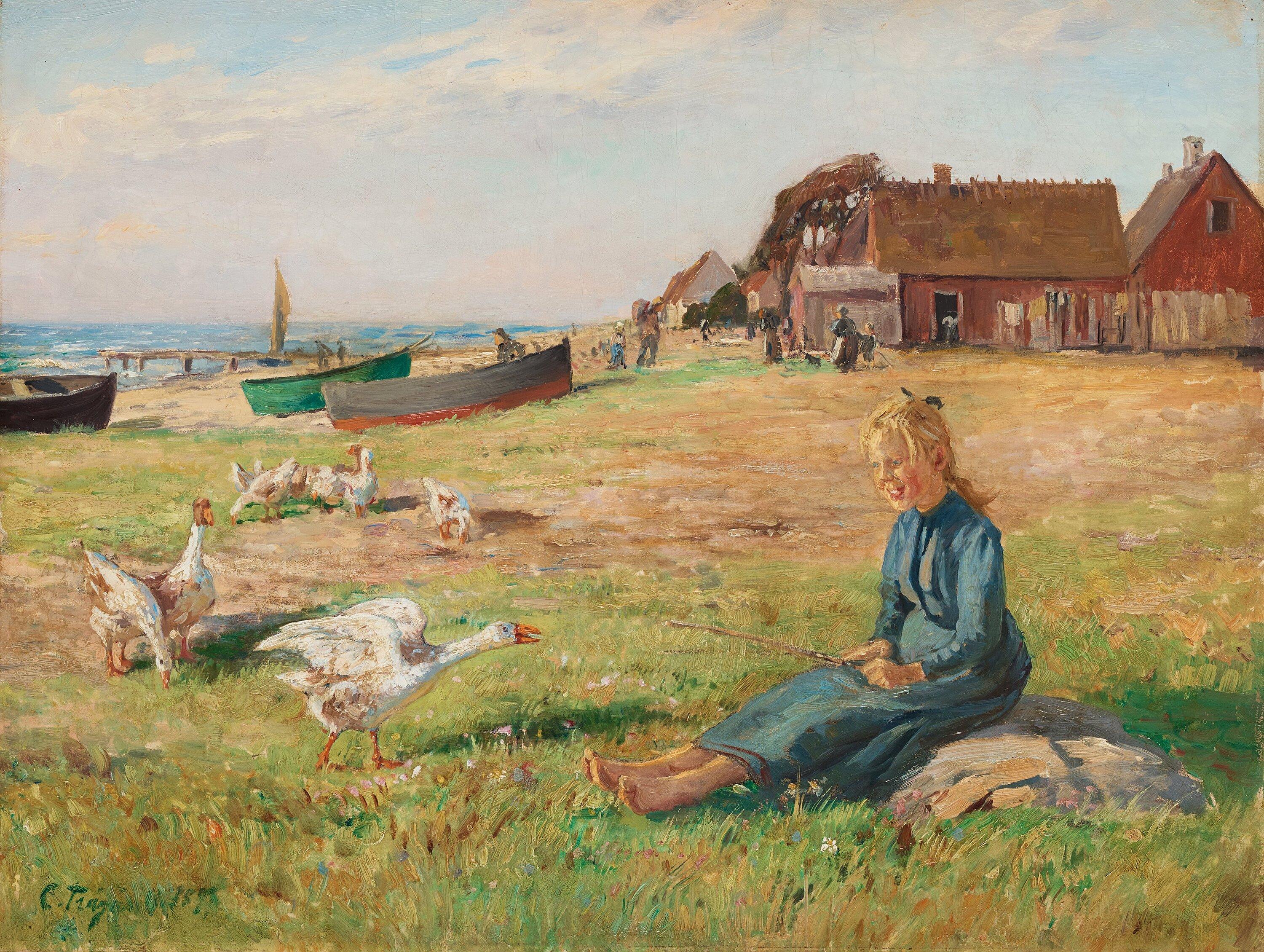 Carl Trägårdh - Girl with geese on a beach