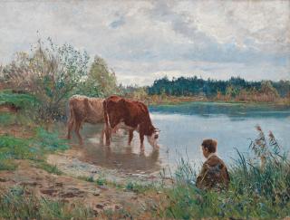 Carl Trägårdh - Landscape with cows and shepherd by the water, scene from Grez-sur-Loing