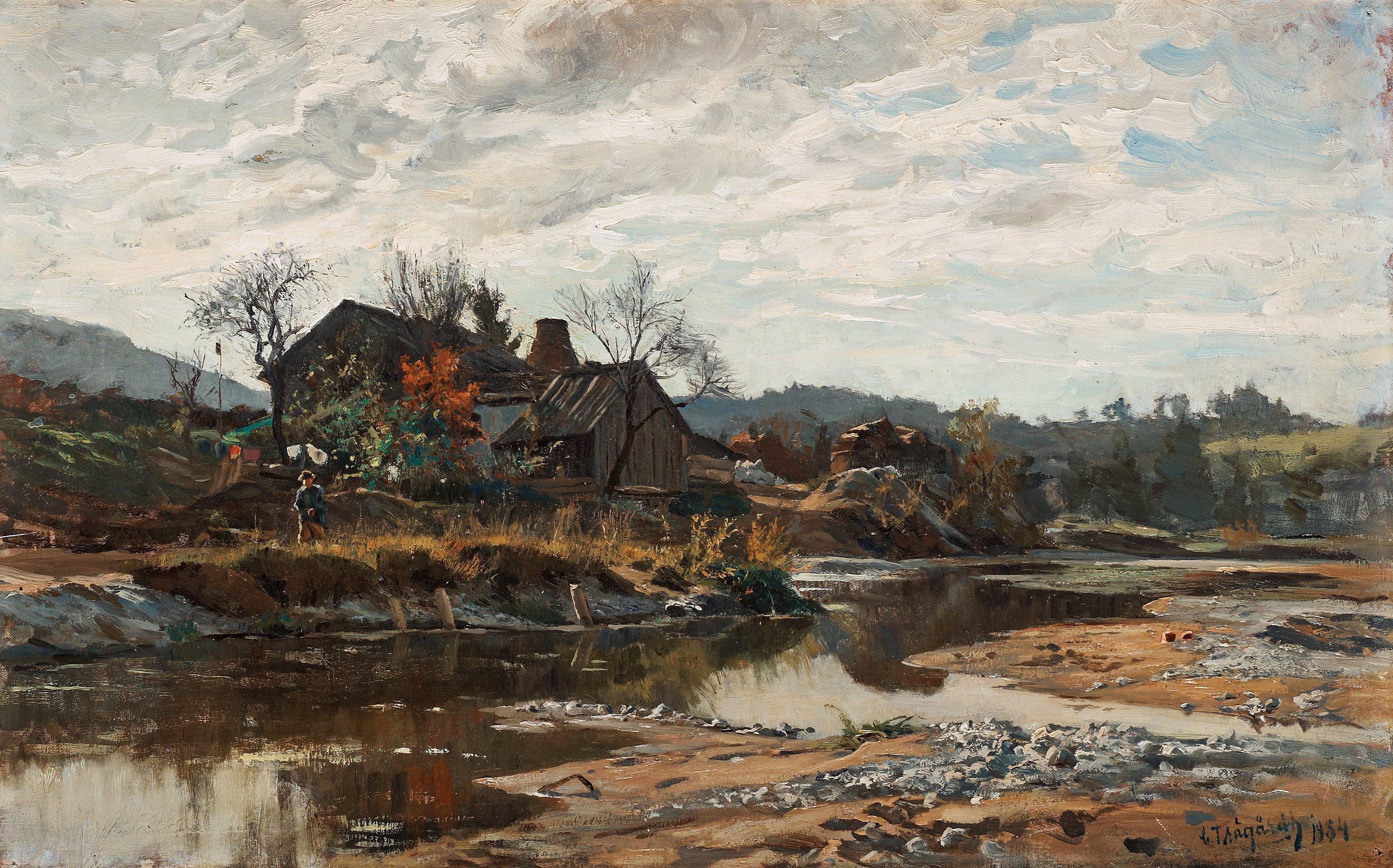 Carl Trägårdh - River landscape with a boy by a house (probably a scene from the river Isar in Bavaria)