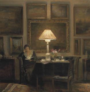 Carl-Vilhelm Holsoe - A lady reading by lamplight