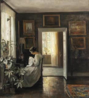 Carl Vilhelm Holsøe - Interior with a woman embroidering