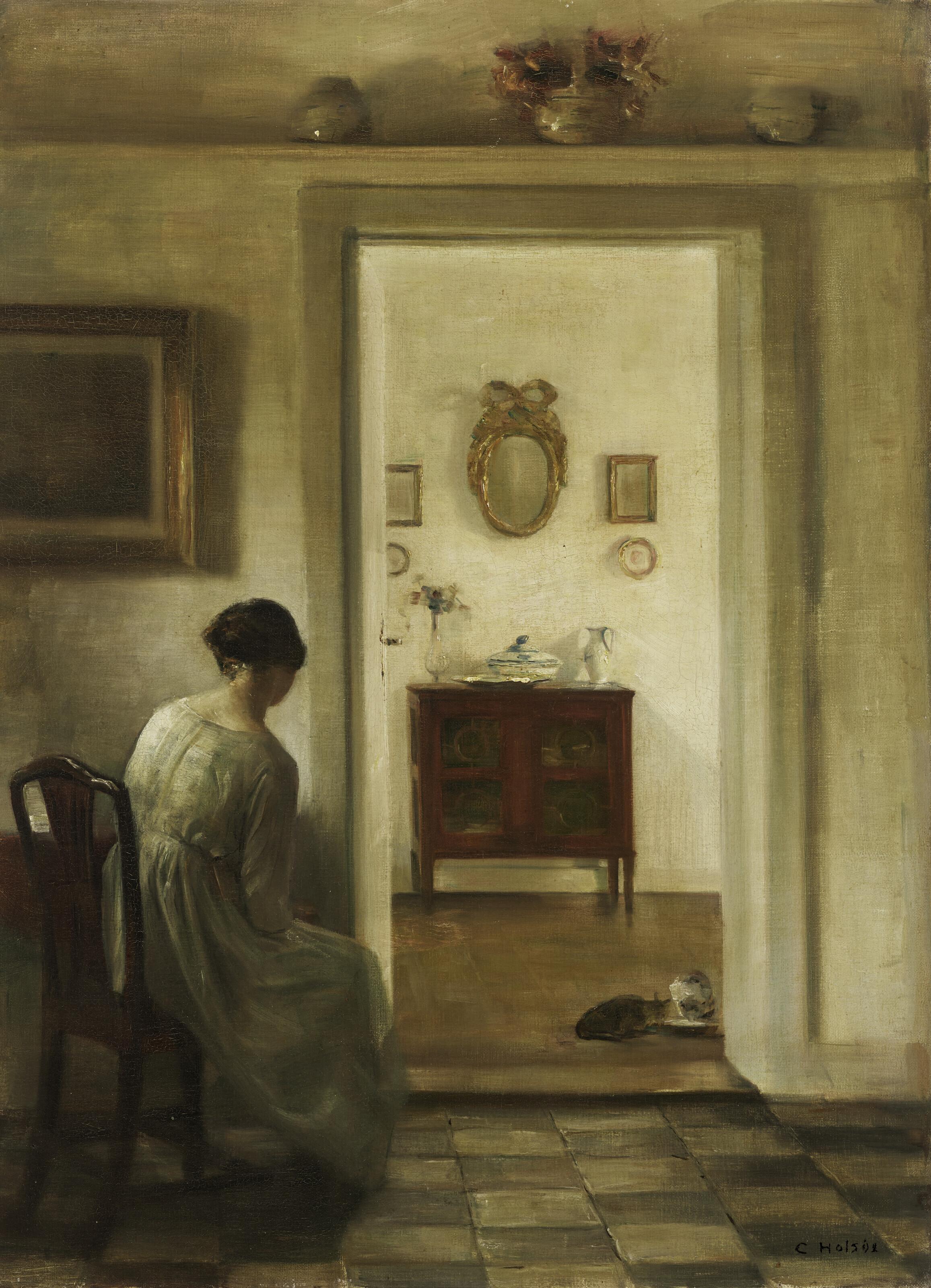 Carl Vilhelm Holsøe - Woman in an Interior with Two Cats Drinking Milk