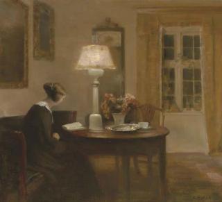Carl Vilhelm Holsøe - Woman Reading By Lamplight