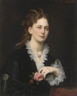 Carl von Blaas - Portrait of Antonie Freifrau von Doblhoff, Bust-Length, Holding A Rose