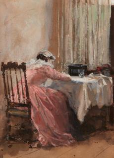 Carl von Marr - An einem Tisch schreibende junge Frau