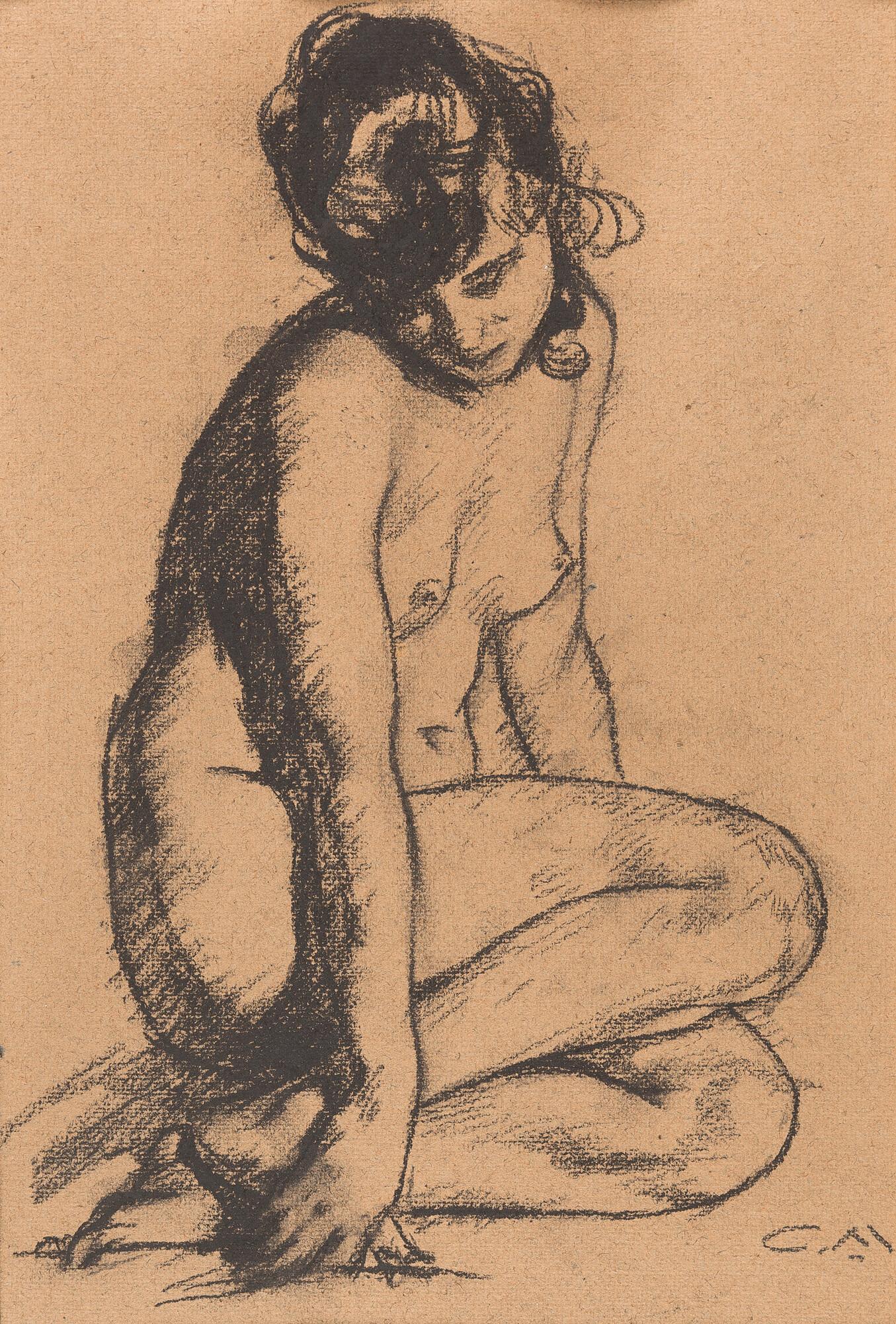 Carl von Marr - Kauernder Frauenakt