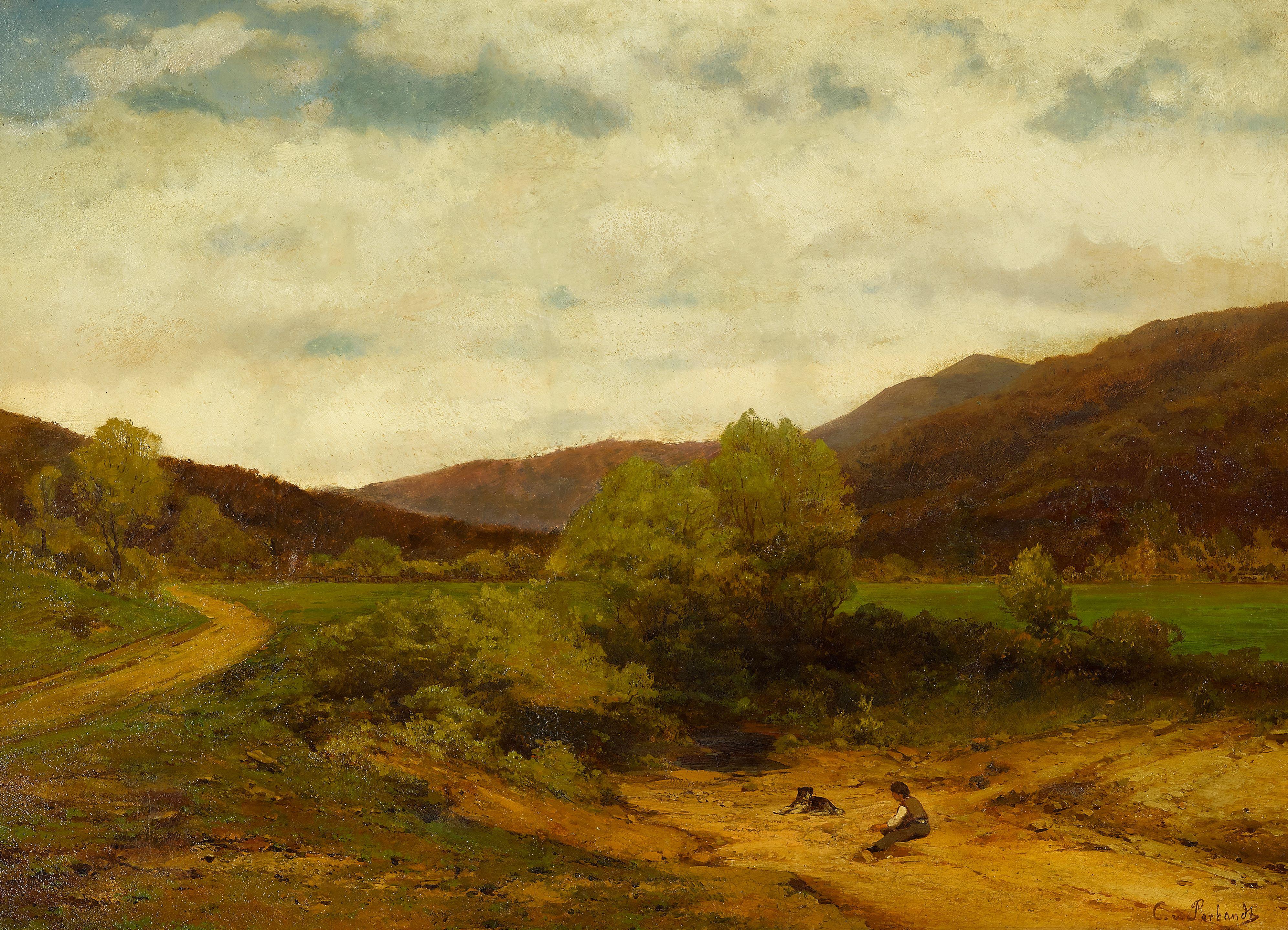 Carl Von Perbandt - California Landscape with Boy and Dog 22 x 30 in. framed 29 x 37 in.