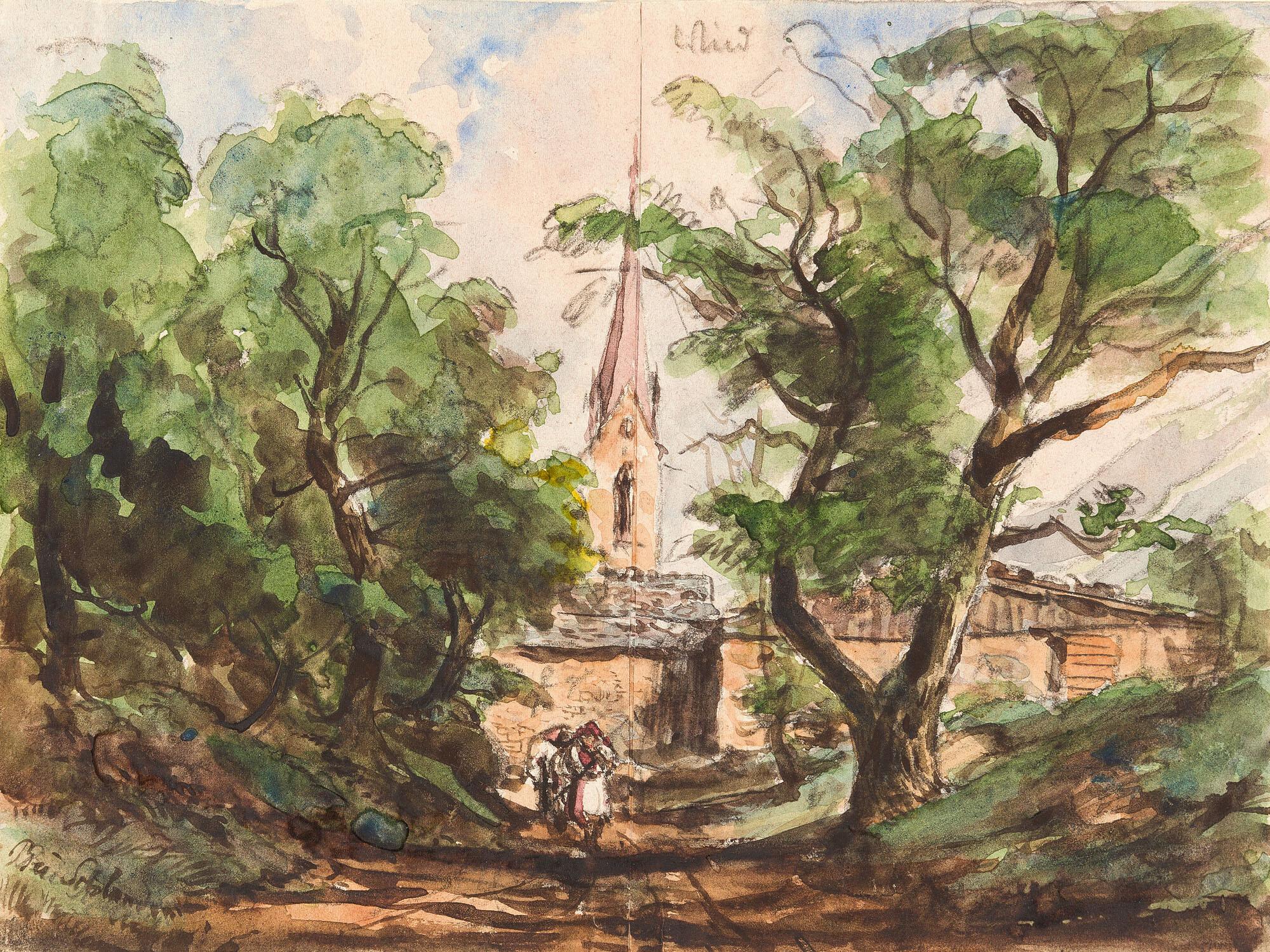 Carl Wagner - Blick auf Schlanders mit der Pfarrkirche Mariä Himmelfahrt.