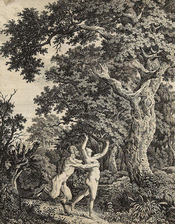 Carl Wilhelm Kolbe - 2 Bll.: Knorrige Eiche, davor greift ein Satyr eine Nymphe an. Reiter mit Lanze