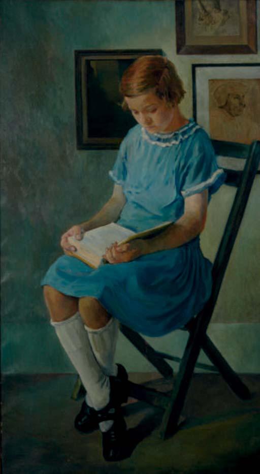 Carle Michel Boog - Portrait of a girl in a blue dress reading a book