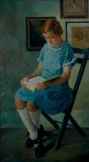 Carle Michel Boog - Portrait of a girl in a blue dress reading a book