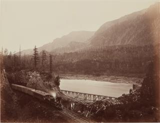 Carleton E. Watkins - \'Ruins of the High Bridge, Cascades\' (Middle Block House, Columbia River, Washington Territory)