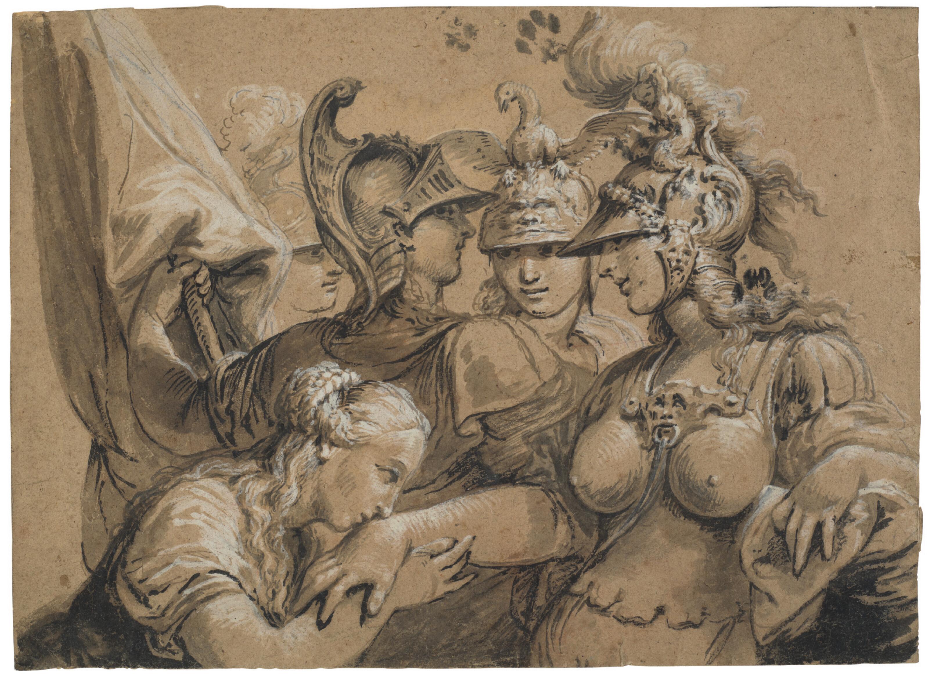 Carlo Alberto Baratta - A young woman kissing Minerva’s hand with other figures (recto); Nude study of a seated man (verso)